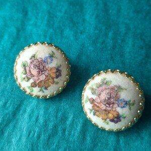 2/15$ Vintage Germany round gold tone clip on sugared flower earrings